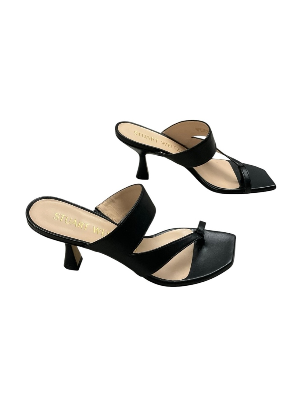 Stuart Weitzman Lyla 75 Sandals Black Leather Square Toe Heel Kitten Thong Sz 6